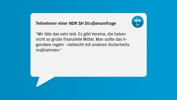 Eine Sprechblase zeigt ein Zitat einer Person: Mir täte das sehr leid , weil es gibt Vereine , die haben nicht so große finanzielle Mittel . Und man sollte das irgendwie regeln , vielleicht mit anderen Sicherheitsmaßnahmen © NDR 