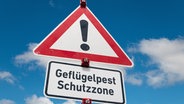 Auf einem Schild steht "Geflügelpest Schutzzone". © picture alliance / SULUPRESS.DE | Torsten Sukrow / SULUPRESS.DE Foto: Torsten Sukrow