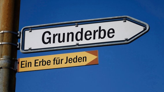 Wegweiser mit Schriftzug "Grunderbe" und "Ein Erbe für Jeden". © Imago Images / Steinach 