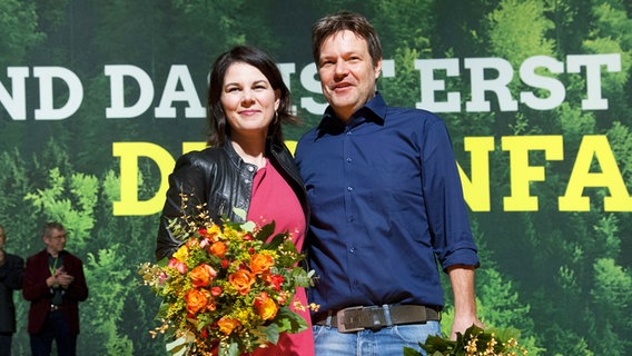 Die beiden Parteivorsitzenden Annalena Baerbock und Robert Habeck posieren auf der Bühne des außerordentlichen Parteitags der Grünen in Hannover am 26.01.18 © dpa - Pictrue Alliance / Sven Simon Foto: Malte Ossowski / Sven Simon