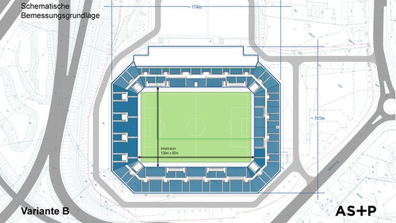Eine Skizze zeigt eine mögliche Ausbauvariante des Holstein-Stadions © AS+P Foto: AS+P