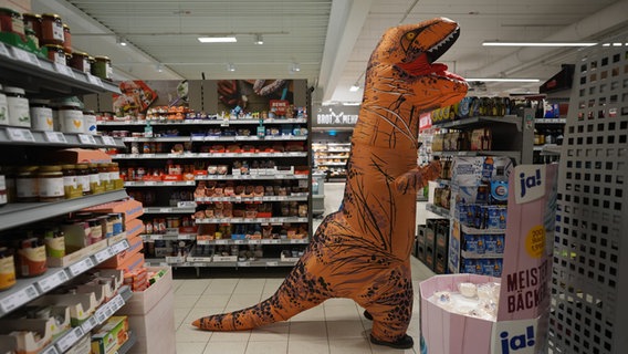 Eine Person in einem Dinosaurierkostüm geht durch einen Supermarkt. © dpa-Bildfunk Foto: Marcus Brandt