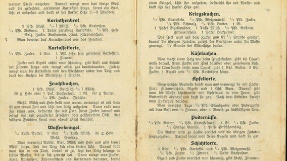 Zwei Seiten eines Kriegskochbuches, darauf sind mehrere Rezepte, unter anderem für eine Kartoffeltorte © NDR Foto: Peter Bartelt