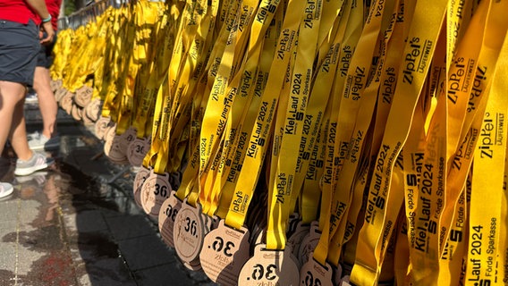 Für Teilnehmer eines Marathons sind Medaillen an einem Gerüst befestigt © NDR Foto: Ole ter Wey