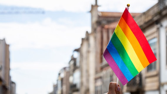 Eine Flagge der LGBTQ-Bewegung wird hochgehalten. © picture alliance / NurPhoto Foto: Rita Franca