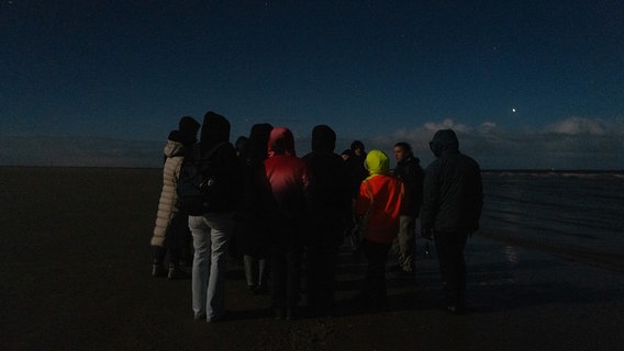 Eine Gruppe steht bei Nacht an einem STrand. © NDR Foto: Lisa Pandelaki