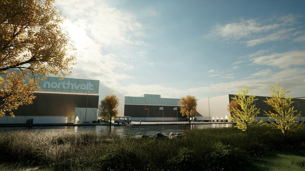 Ein computergeneriertes Bild zeigt die künftige Batteriefabrik von Northvolt bei Heide bei Sonnenlicht.