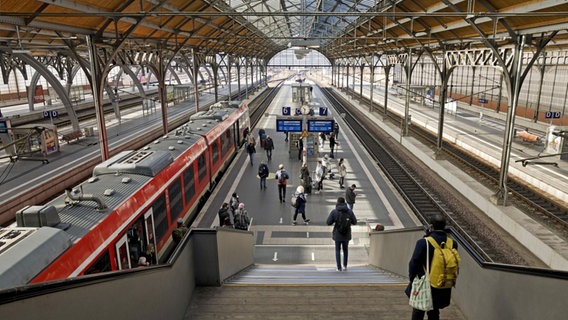 Der Blick von oben auf Bahngleise, zwei Züge stehen sich gegenüber. © picture alliance / imageBROKER | Stefan Ziese Foto: Stefan Ziese