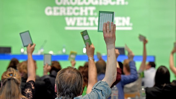 Hands hold up voting papers at the Green Party conference.  © dpa Bildfunk Photo: Carsten Rehder