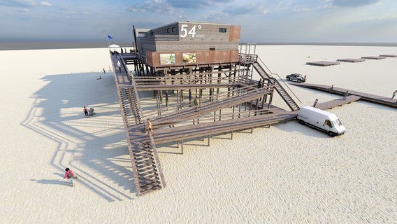 Eine Visualisierung zeigt die Pfahlbauten in St. Peter Ording. © Architekturbüro Limbrecht Jensen Rudolph Foto: Architekturbüro Limbrecht Jensen Rudolph