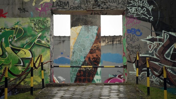 Mit Graffiti besprühten Wände stehen in einer Halle der ehemaligen Zementfabrik. © NDR 