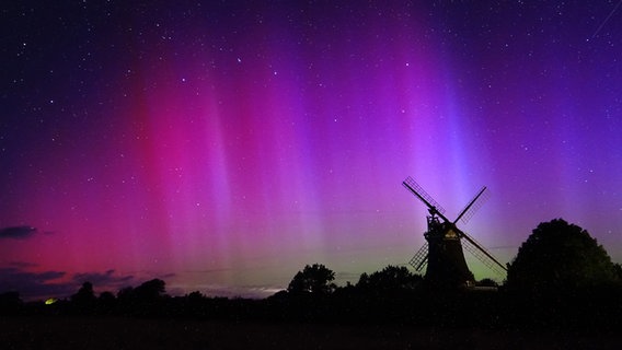 Polarlichter und die Silhouette einer Mühle © Krinna Neef Foto: Krinna Neef