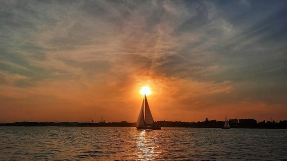 Zwei Segelboote auf der Kieler Förde vor einem Sonnenuntergang. Das Wasser glänzt von den letzten Sonnenstrahlen. © Beate Keil Foto: Beate Keil