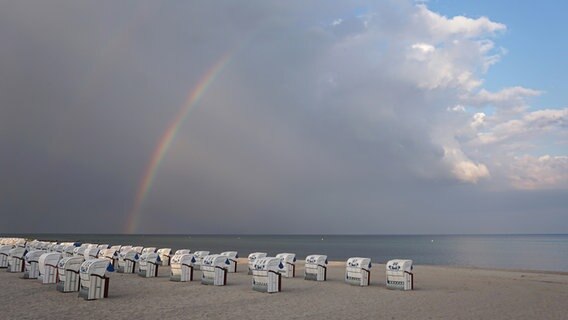 Ein Regenbogen über dem Meer am mit Strandkörben bestückten Ostseestrand. © Klaus Erlwein Foto: Klaus Erlwein
