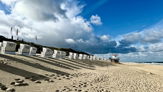 Strandkörbe werfen lange Schatten auf den Nordseestrand. © Cornelia Göricke-Penquitt Foto: Cornelia Göricke-Penquitt