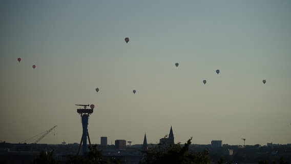 Mehrere Heißluftballone fliegen am Abendhimmel über Kiel. © Jens Wiemken Foto: Jens Wiemken