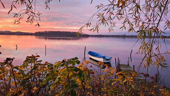 Ein Boot liegt in frühabendlicher, herbstlicher Stimmung im Wasser. © Beate Rettig Foto: Beate Rettig