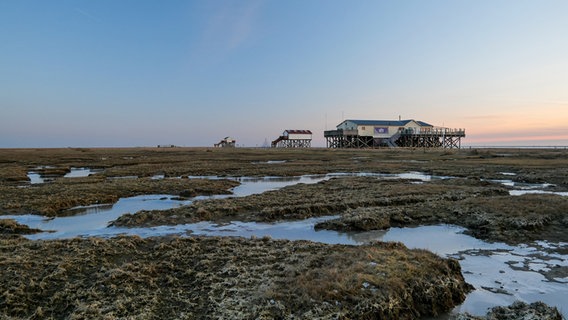 Die Pfahlbauten in St. Peter-Ording bei abendlicher Dämmerung. © Wenke Stahlbock Foto: Wenke Stahlbock