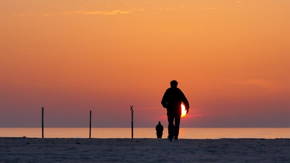 Ein Mann und ein Hund laufen dem Sonnenuntergang in Sankt Peter Ording entgegen. © Wenke Stahlbock Foto: Wenke Stahlbock