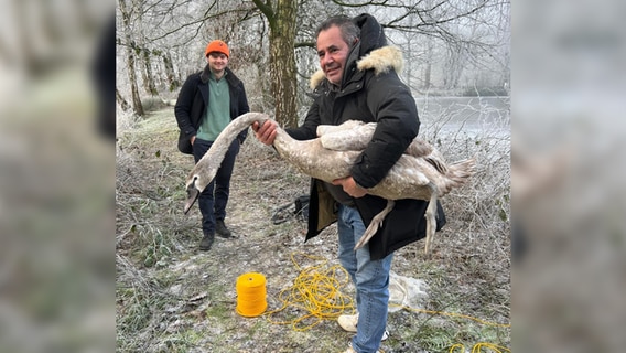 Antonio Saraiva hält einen geretteten Schwan im Arm. Im Hintergrund steht Leo Nizze. © Antonio Saraiva 