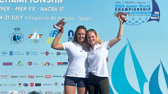 Anna Barth und Emma Kohlhoff halten Trophäen in die Luft. © Riccardo de Felice Foto: Riccardo de Felice