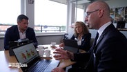 Drei Personen sitzen in einem Büro und diskutieren © NDR Foto: NDR Screenshot