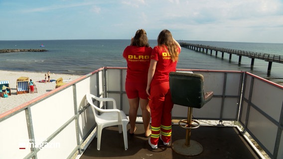 Zwei Rettungsschwimmerinnen der DLRG blicken von einem Turm aus auf den Strand hinab © NDR Foto: NDR Screenshot