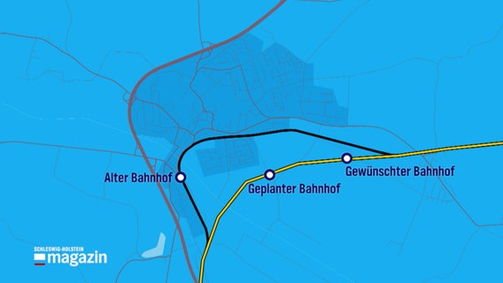 Eine Karte von Oldenburg in Holstein zeigt den geplanten verlauf der Hinterlandanbindung und zwei mögliche STandorte für den bahnhof © NDR Foto: NDR Screenshot