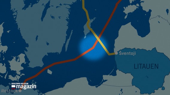 Eine Grafik zeigt in der Ostsee verlaufende Datenkabel und eine Stelle an der eines der zwei Kabel beschädigt wurde. © NDR Foto: NDR Screenshot