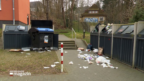 Einige überfüllte Mülltonnen © NDR Foto: NDR Screenshot