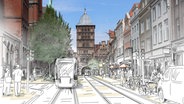 Visualisierung einer Straßenbahn in der Lübecker Altstadt. © Ramboll Deutschland GmbH Foto: Ramboll Deutschland GmbH