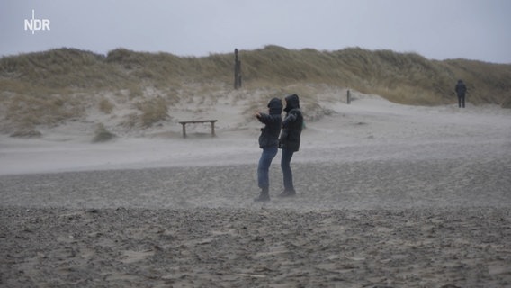 Menschen lehnen sich auf einem Sandstrand in den dort wehenden Wind © NDR Foto: NDR Screenshot