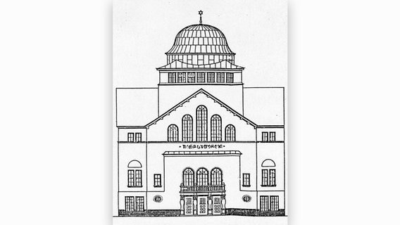 Eine historische Postkarte zeigt die Skizze der Synagoge in Kiel. © Stadtarchiv Kiel/Gesellschaft für Kieler Stadtgeschichte 