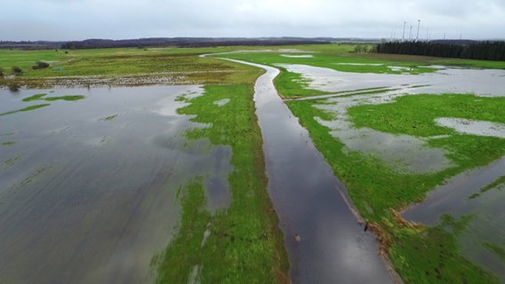 Felder sind von Wasser überschwemmt. Es sind nur noch wenige Grasflächen zu sehen. © NDR 