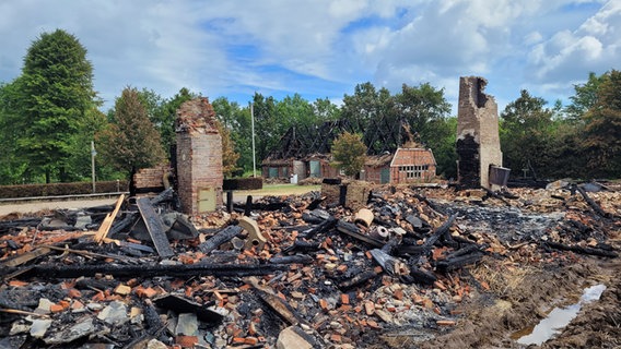 Die Trümmer eines historischen Gebäudes im Museumsdorf Unewatt nach einem Großbrand. © Nordpress 