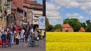 Auf der linken Seite ist die Einkaufsstraße der Hansestadt Lübeck zu sehen, auf der rechten Seite ein Haus inmitten eines Rapsfeldes. © picture alliance / dpa / imageBROKER Foto: Ulrich Perrey (l. B) / Thomas Sbampato (r. B)