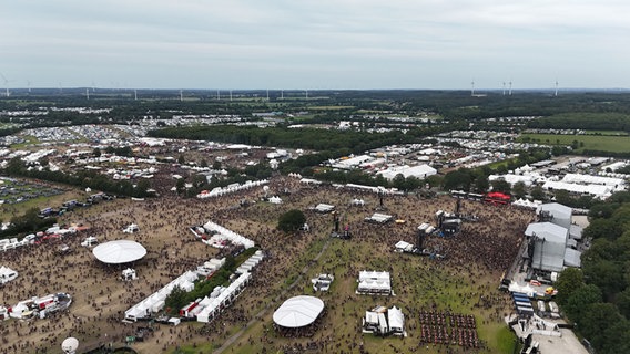 Das Wacken Open Air von oben bei Tageslicht mit vielen Zuschauern als Luftaufnahme. © NDR 