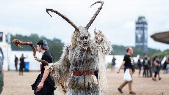Ein Mann, der als Fabelwesen verkleidet ist, geht über ein Festivalgelände. © NDR Foto: Dominik Dührsen
