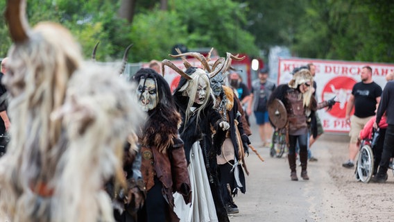 Ein Gruppe von Menschen, die als Fabelwesen verkleidet sind, geht über ein Festivalgelände. © NDR Foto: Dominik Dührsen