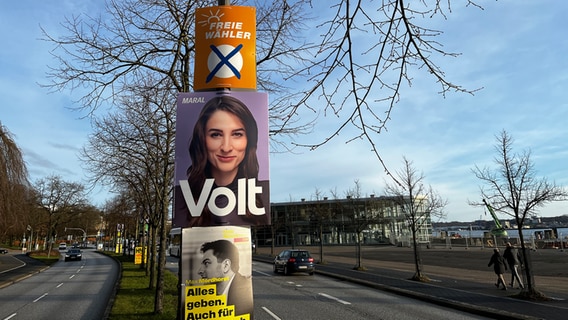 Wahlplakate für die Bundestagswahl 2025 von den Freien Wählern, Volt und der FDP hängen an einem Laternenmast. © NDR Foto: Constantin Gill