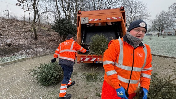 Mitarbeiter des Abfallwirtschaftsbetrieb Kiel entsorgen weggeschmissene Weihnachtsbäume. © NDR Foto: Jochen Dominicus