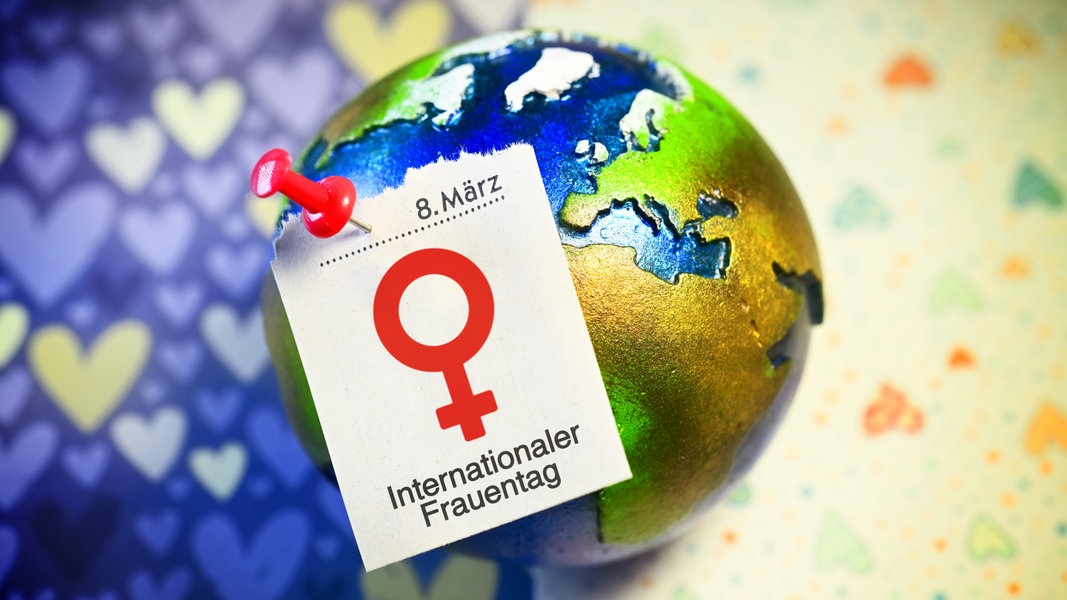 Auf einem Globus ist ein Kalenderblatt des 8. März mit einem Pin. Befestigt. Darauf steht das Symbol für Weiblich und der Schriftzug Internationaler Frauentag. 