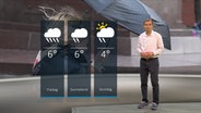 NDR Moderator Meeno Schrader steht im Studio mit der Wettervorhersage. © NDR 