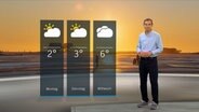 NDR Moderator Meeno Schrader steht im Studio mit der Wettervorhersage. © NDR 