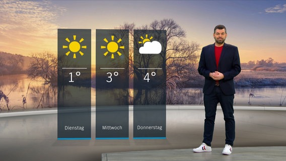 NDR Moderator Sebastian Wache steht im Studio mit der Wettervorhersage. © NDR 