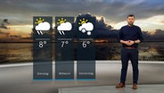 NDR Moderator Sebastian Wache steht im Studio mit der Wettervorhersage. © NDR 