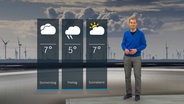 NDR Moderator Meeno Schrader steht im Studio mit der Wettervorhersage. © NDR 