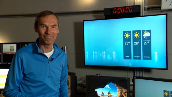 Wetterexperte Meeno Schrader steht vor einem Bildschirm mit der Wettervorhersage. © NDR 