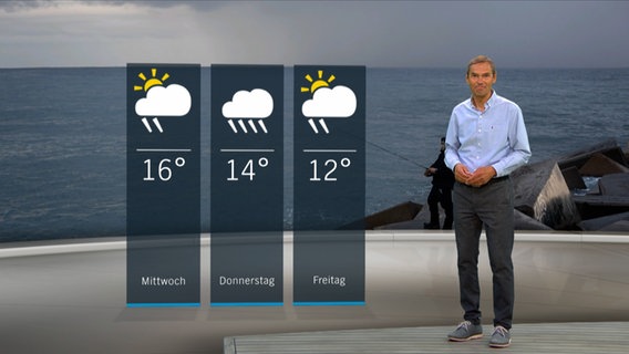 Wetterexperte Meeno Schrader steht im Studio mit der Wettervorhersage. © NDR 