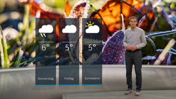 NDR Moderator Meeno Schrader steht im Studio mit der Wettervorhersage © NDR 